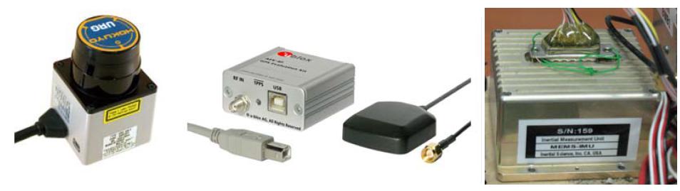 Hokuyo URG 레이저 스캐너(좌), Ublox GPS 수신기(중앙), MEMS IMU(우)