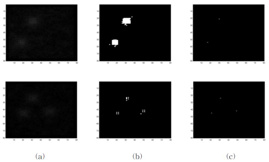 (a) CMO 연산 영상, (b) Dynamic Programming 기반 TBD 영상, (c) 표적 검출 결과