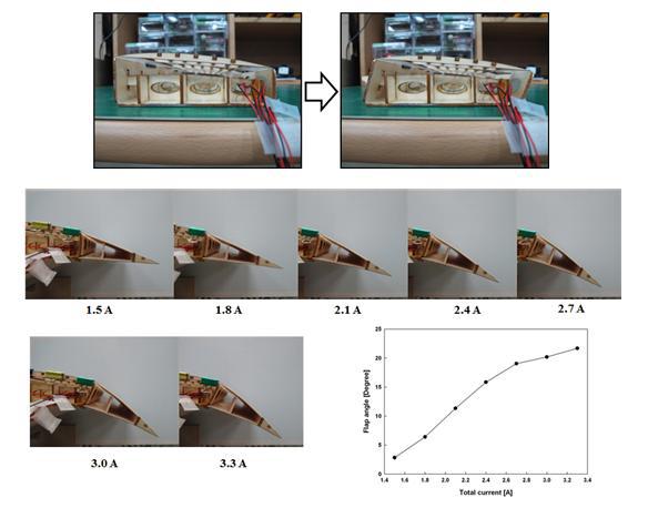 전류 인가시의 프레임의 변화 및 모핑 날개의 flap angle 변화
