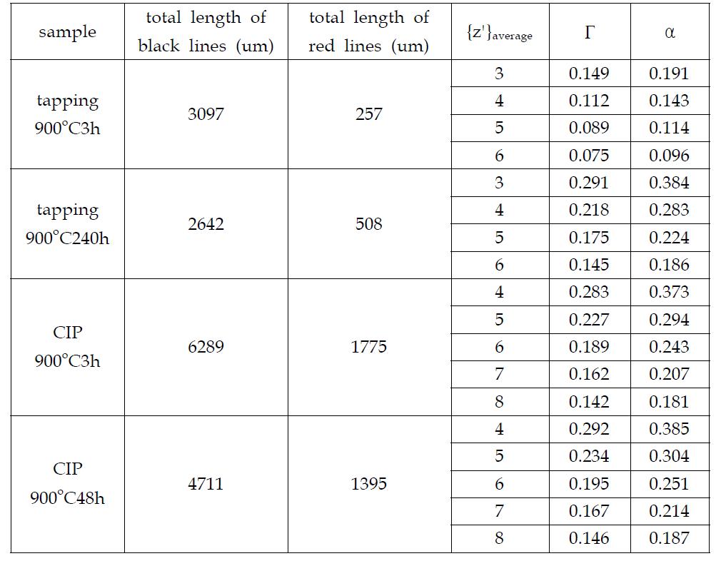 그림 20에서의 붉은색 및 검은색 선의 총길이 측정결과 및 {z'}average별 Г, α