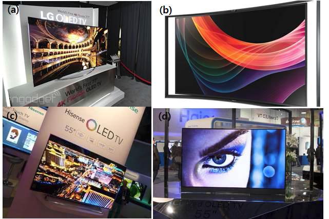 2014년 CES에서 선보인 다양한 OLED TV 사진들 (a) LG전자, (b)삼성전자, (c) Hisense, (d) Haiel사의 OLED TV 제품