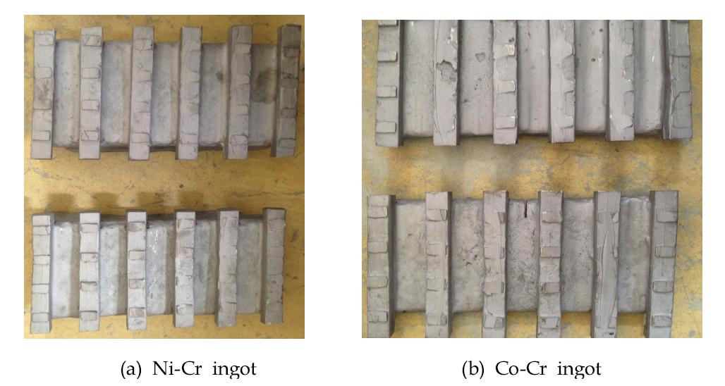 Ni-Cr과 Co-Cr의 ingot 형상