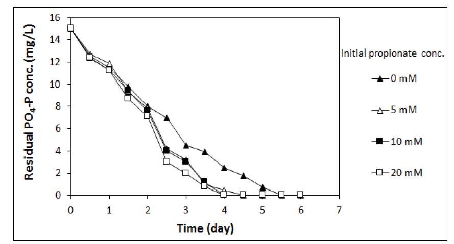 Propionate 농도에 따른 PO4-P의 농도 변화