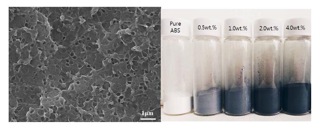 순수한 ABS 고분자의 단면 FE-SEM 이미지와 M-RGO/ABS 복합체 이미지