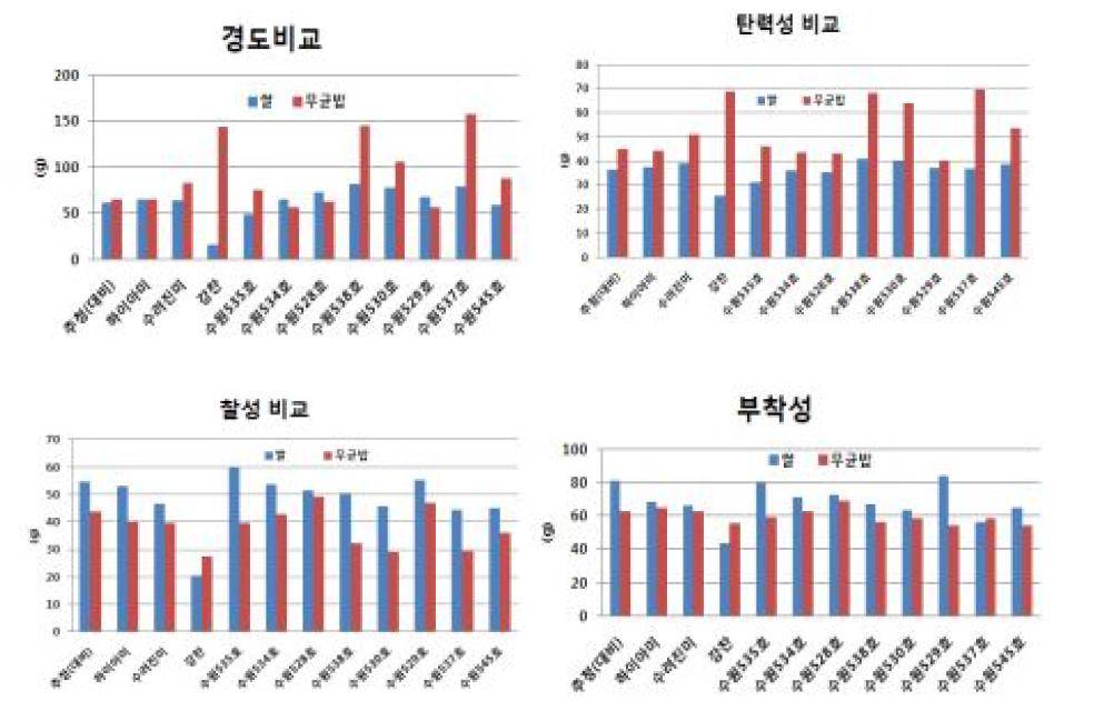 식감측정기(My-boyⅡ)에 의한 원료쌀밥 및 무균포장밥의 식감분석 결과