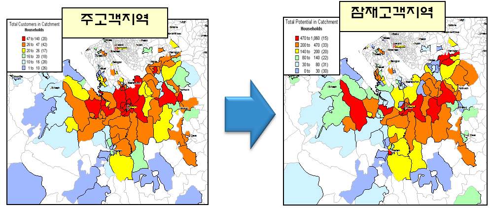 GMAP의 gCRM 잠재수요지역 분석의 예 주고객지역과 유사특성을 가진 지역 도출