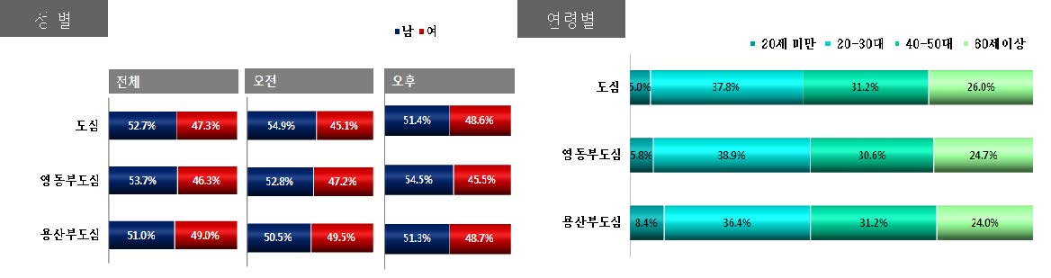 도심/부도심 지역 성/연령별 보행자 속성