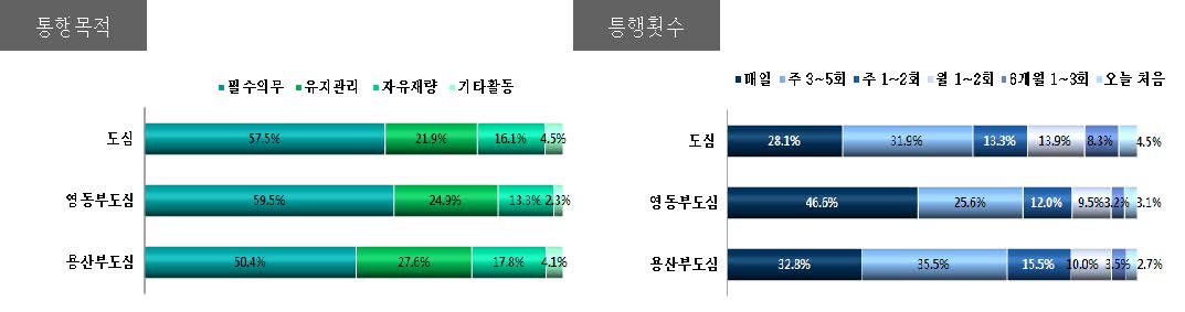 도심/부도심 지역 통행목적/통행횟수별 보행자 속성