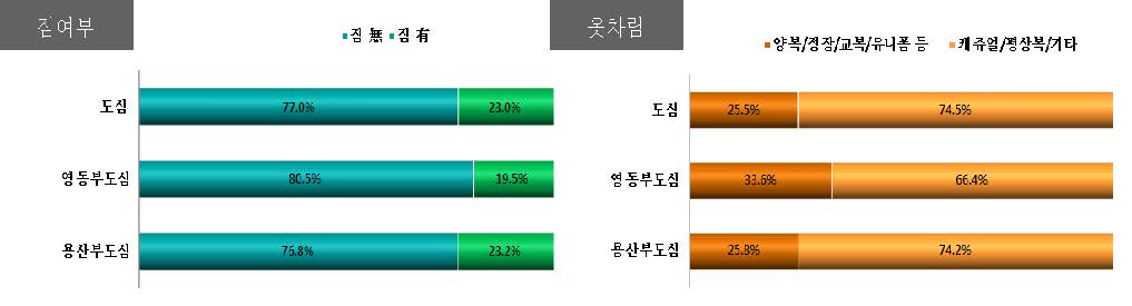 도심/부도심 지역 짐여부/옷차림별 보행자 속성