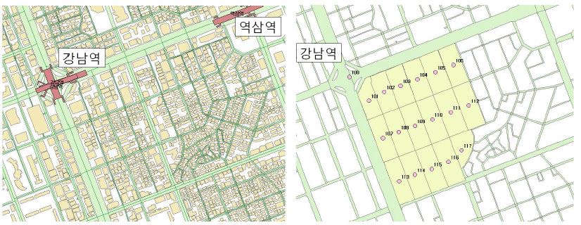 영향권 보행 O/D zone 설정 예(강남역 동남 영향권)