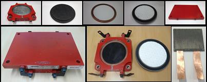 Pot bearing and its components (pot plate, elastomeric disc, brass sealing ring, piston with PTFE, slide plate) and PCGE used in the tests