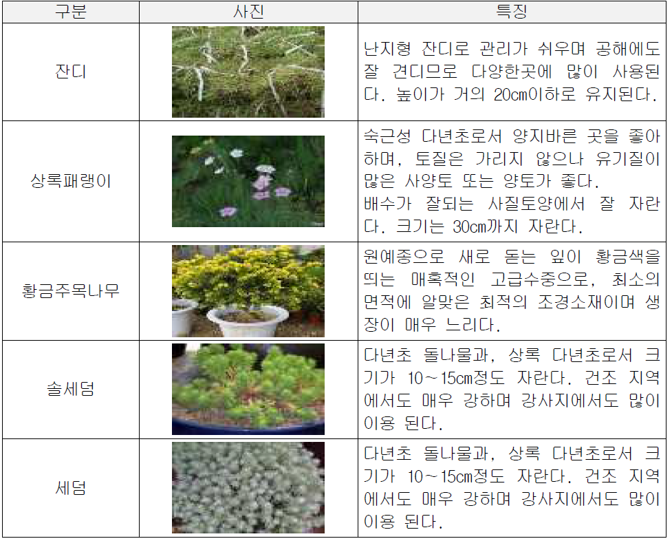 실험에 사용된 식재의 종류 및 특성