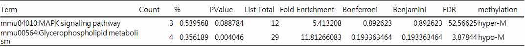 프로모터 메틸레이션 변화가 일어난 유전자의 pathway 분석 결과