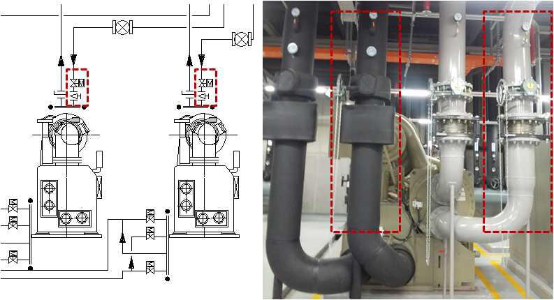 냉동기 배관 도면과 현장설치 사진