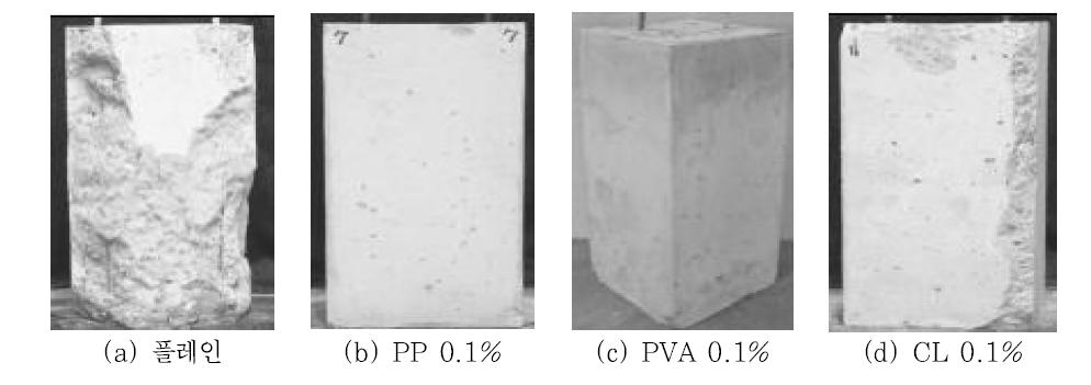 내화시험 후 유기질 섬유의 종류 변화에 따른 RC 기둥의 폭렬 모습
