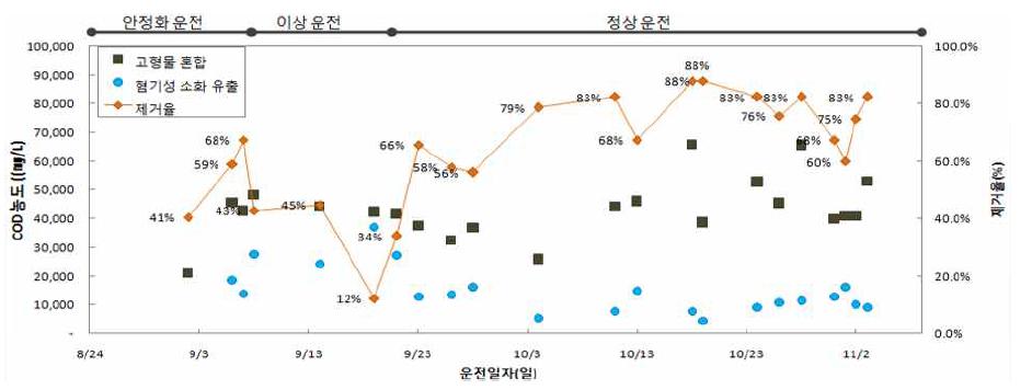 분뇨병합처리(혐기성 소화)의 COD 제거율 변화