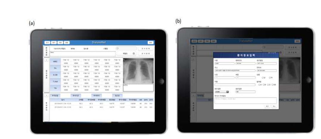 DialysisNet 패드용 프로그램. (a) 환자의 환자정보, 검사결과, 투석관리 데이터