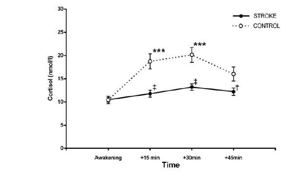 Cortisol awakening response (CAR) of post-stroke depression patients (STROKE) and caregiver controls (CONTROL).