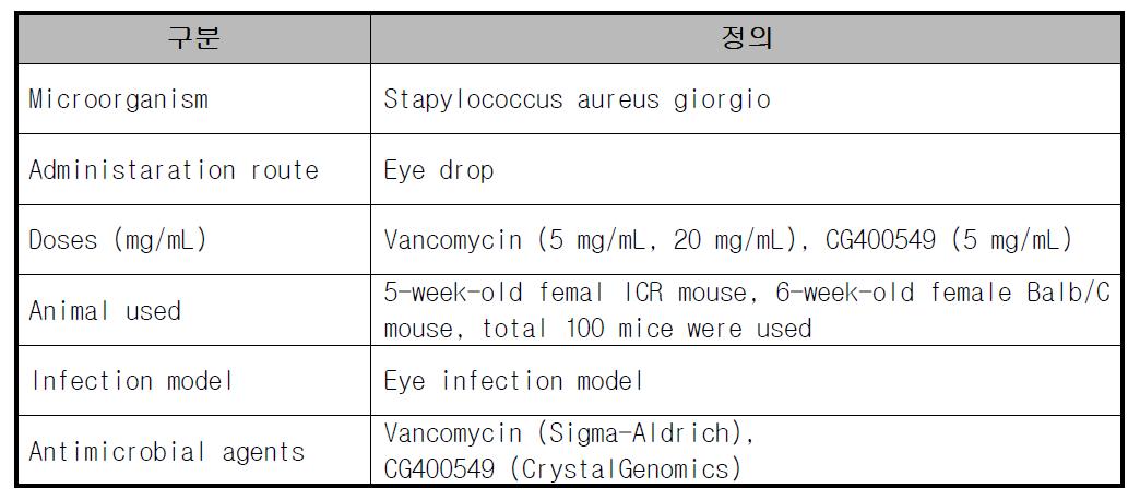 CG400549 안구제형 점안액의 마우스 안구감염 효력시험 시험 개요