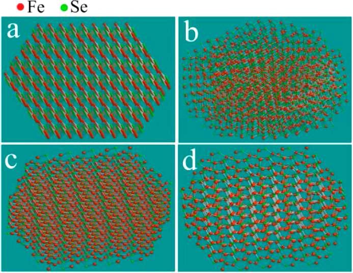 Simulated shapes of (a, b) FeSe and (c, d) FeSe2 NPs (a, c) before and (b, d) after energy minimization of the atomic lattices.