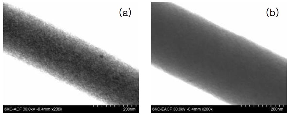 UHR FE-SEM of the ACF (a) and the enzyme immobilized ACF (b).