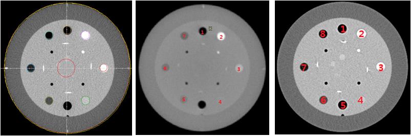 Catphan-504 phantom images to obtain the electron density curves. CT(left),CBCT-XVI(middle), CBCT-OBI(right).