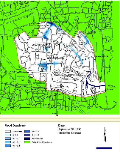 Dhaka시의 모형적용 지역의 침수지도
