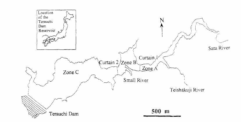 일본 Terauchi 저수지 차단막 설치도(Asaeda et al. 1996)