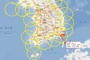 한반도 연안을 50km 간격으로 기지국을 설치할 경우의 가상도