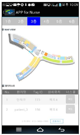 양평병원 환자위치 추적 시스템 모바일 서비스 화면