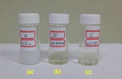액정, prepolymer 및 PDLC 배합물: (a) E7F2, (b) prepolymer, (c) PDLC (E7F2+prepolymer).
