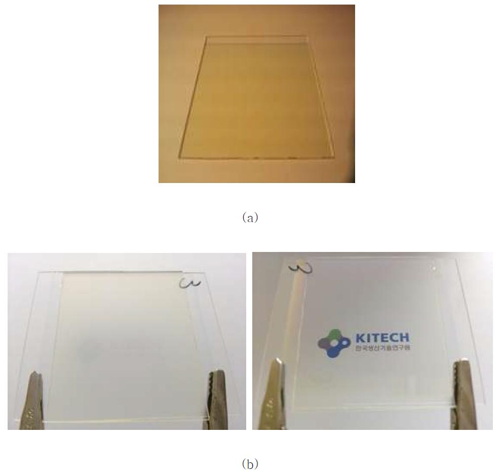 RF magnetron sputtering 시스템을 이용하여, 실제 제작된 ZITO 박막 (a) 및 이러한 ZITO 전극을 이용, 제작한 테스트용 스마트 윈도우 (50×60 mm2) Off/On 이미지 (b).