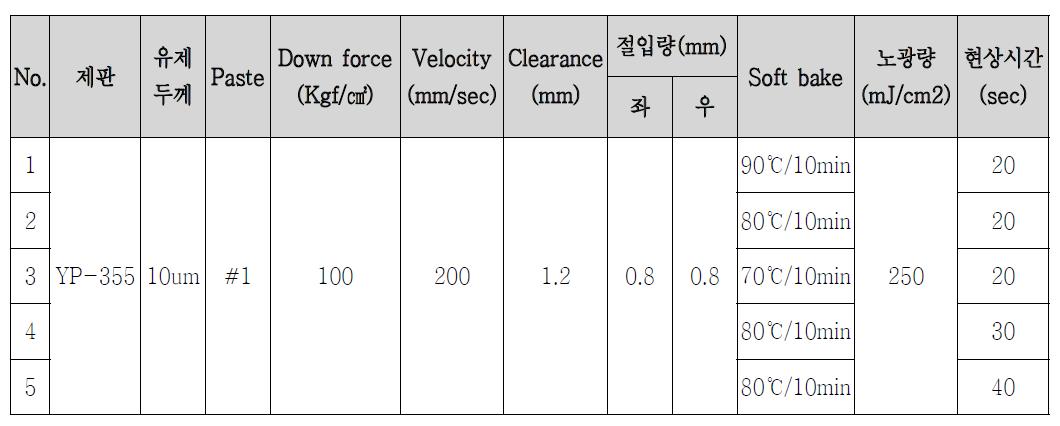 페이스트 #1의 패터닝 공정 조건