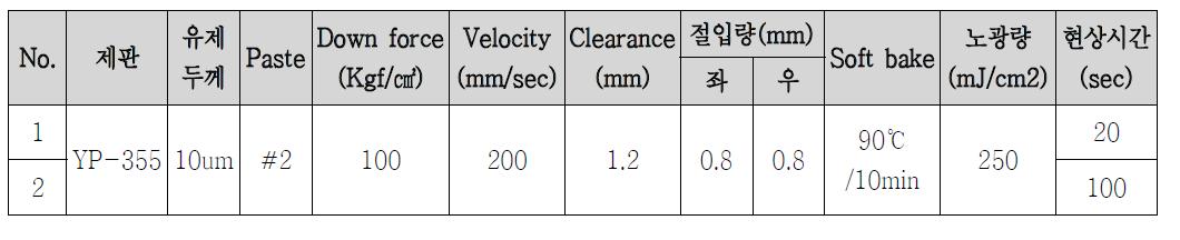 페이스트 #2의 패터닝 공정 조건