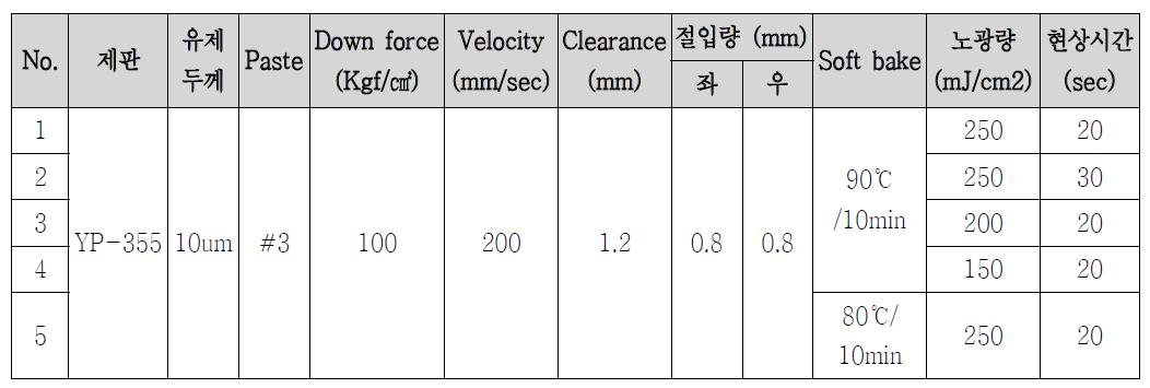 페이스트 #3의 패터닝 공정 조건