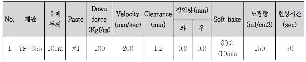 페이스트 #1의 패터닝 공정 조건