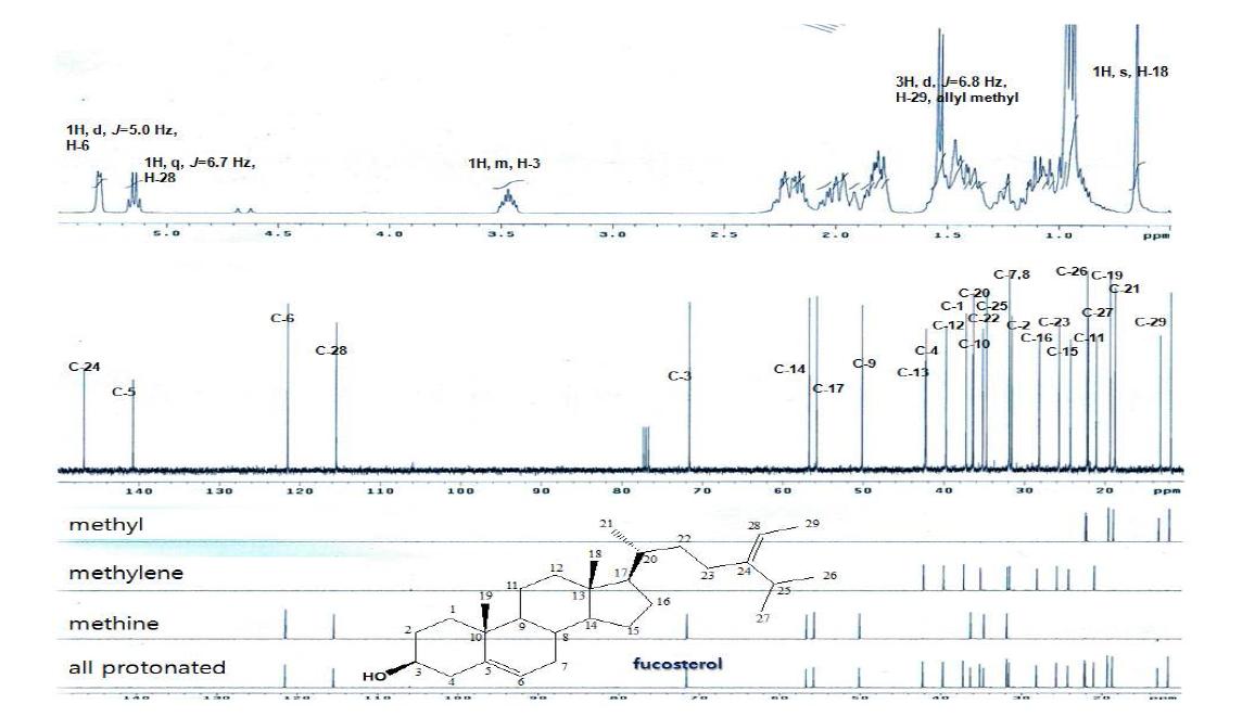 HIMMS-1의 기능 성분인 푸코스테롤의 1H-NMR(400 MHz) spectrum(위), fucosterol의 13C-NMR, DEPT(100 MHz) spectrum(아래)