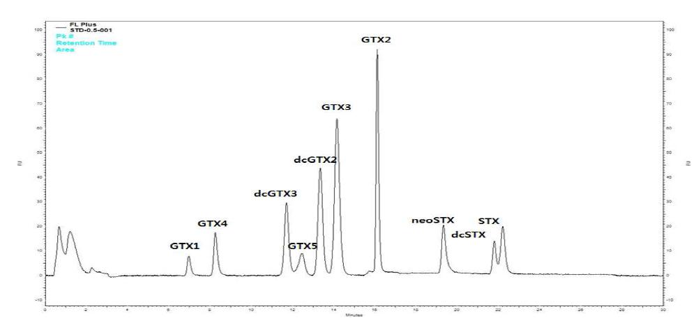 GTX group과 STX group 표준독소의 HPLC chromatogram.