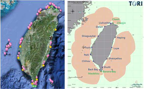 대만의 HF Ocean Radar 원격관측소 탐색지점 및 2012년에 완성된 관측망