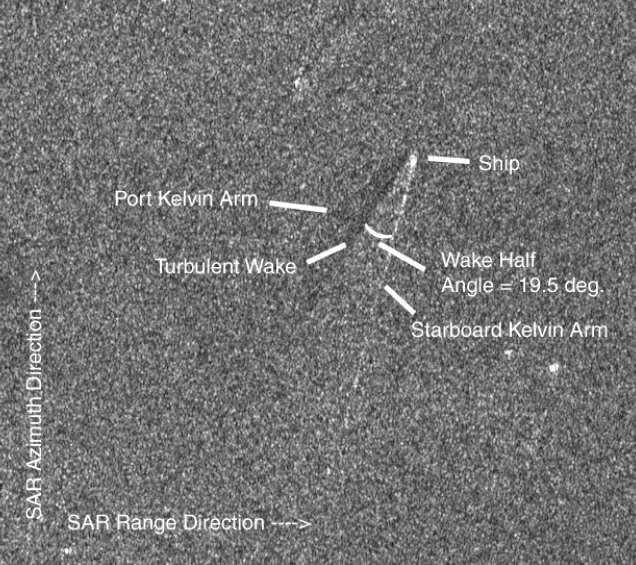 Radarsat-1 Std 모드로 촬영된 영상에서 관측되는 선박과 Kelvin Wake, 멕시코만 해역