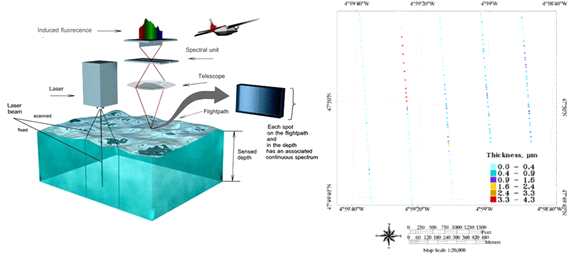 Fluorosensor에 의한 해상기름유출 탐지시스템의 개요(좌) 및 분석된 관측자료의 예