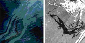 광학영상(좌)과 SAR영상(우)에서 탐지된 해상기름유출의 예