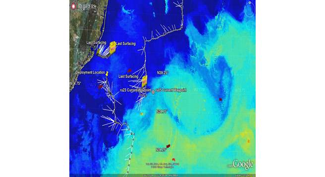 Rutgers 대학에서 운용중인 수중글라이더 항적. 인공위성 자료를 기반으로 관측 대상해역을 정하고 해류 방향을 고려하여 제어함으로써 원하는 방향으로 관측을 수행.