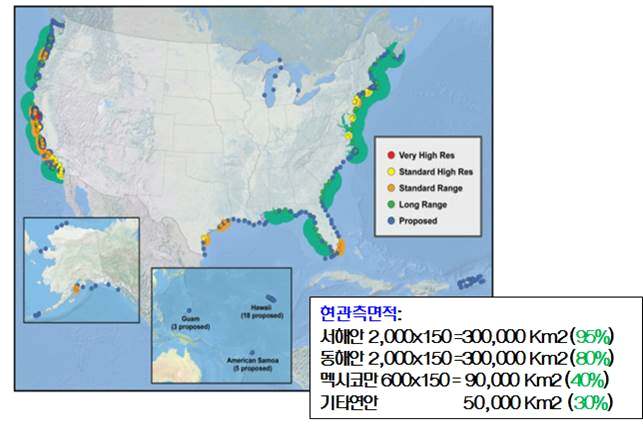 미국 연안 HF Ocean Radar 관측 영역 및 관측 망 확장 계획