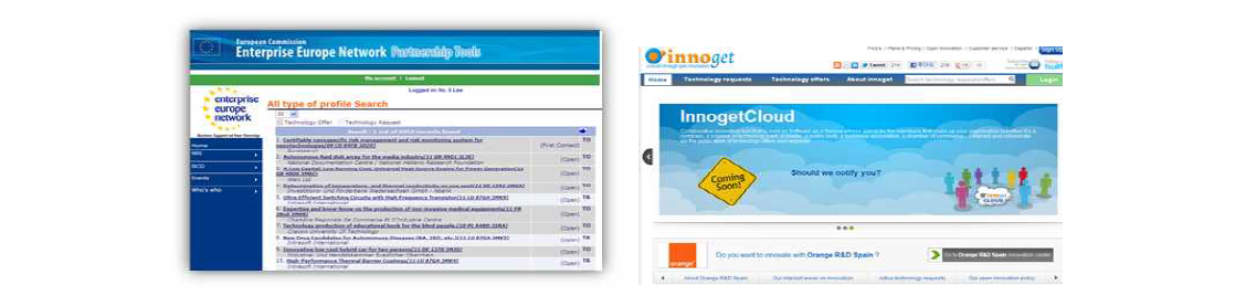 해외 기술거래 Online EEN-BBS(좌) 및 INNOGET(우) 활용