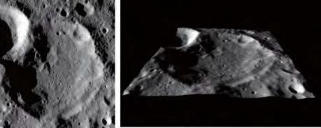 An ortho-image (left) and a perspective view (right) of Nagaoka crater on the farside of the Moon produced from TC.