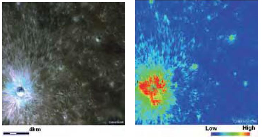 Left is pseudo (false) color image of a small crater observed by the MI. Right is comparative band ratio image.