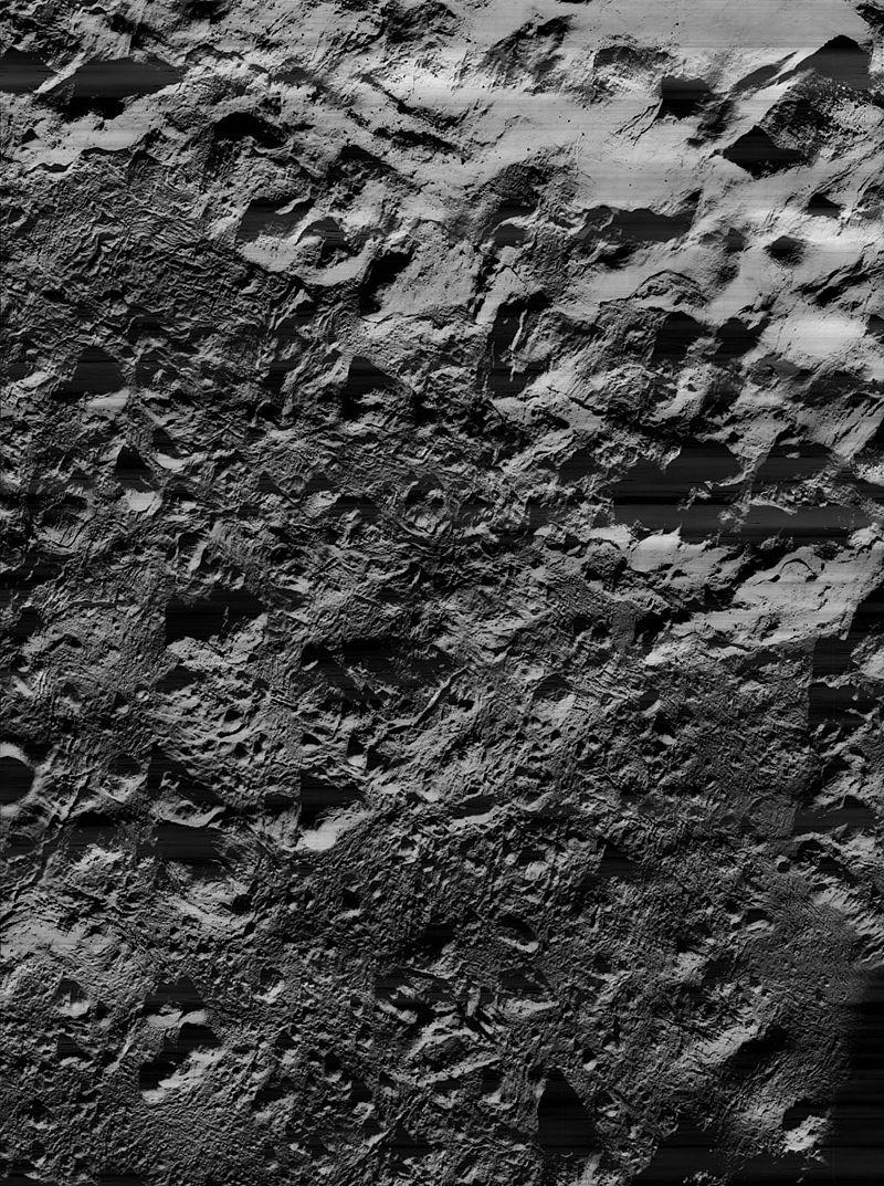 Lunar Orbiter 5 image of the northeastern crater floor, showing irregular surface of cracked impact melt
