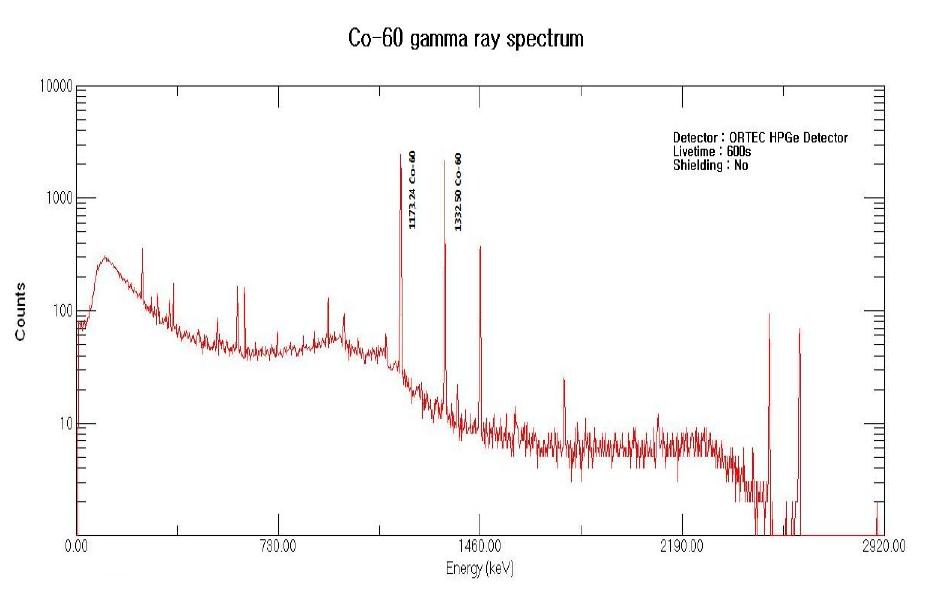 Gamma-ray spectrum of 60Co for 600 second without shielding blocks.