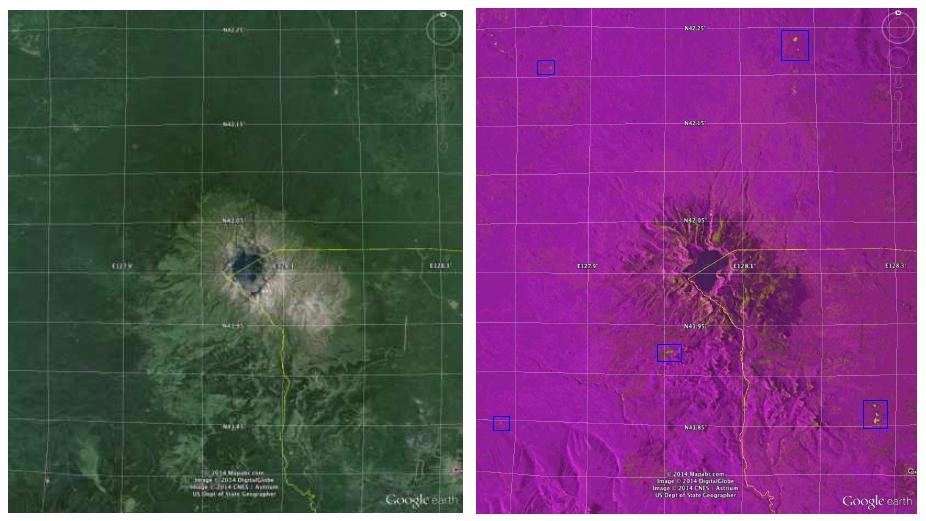 Google Earth 영상(좌), ALOS-1 L-band 긴밀도 평균영상(우) - 우측 그림에서 작은 청색 사각형은 높은 긴밀도를 보이는 지점임